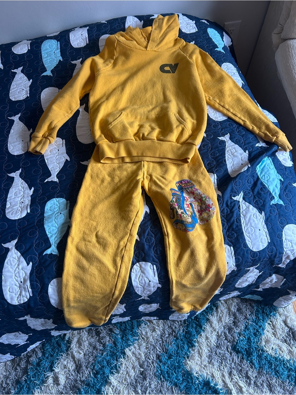 Californian Vintage Kids Yellow Fleece Hoodie & Joggers Set with Graphic